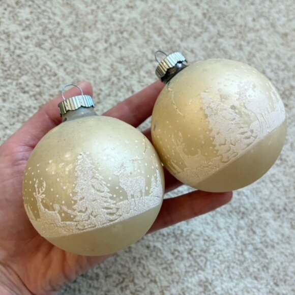 Vintage Shiny Brite Satin Stenciled Mica 12 Flocked Ornaments Boxed Glass - Picture 6 of 9